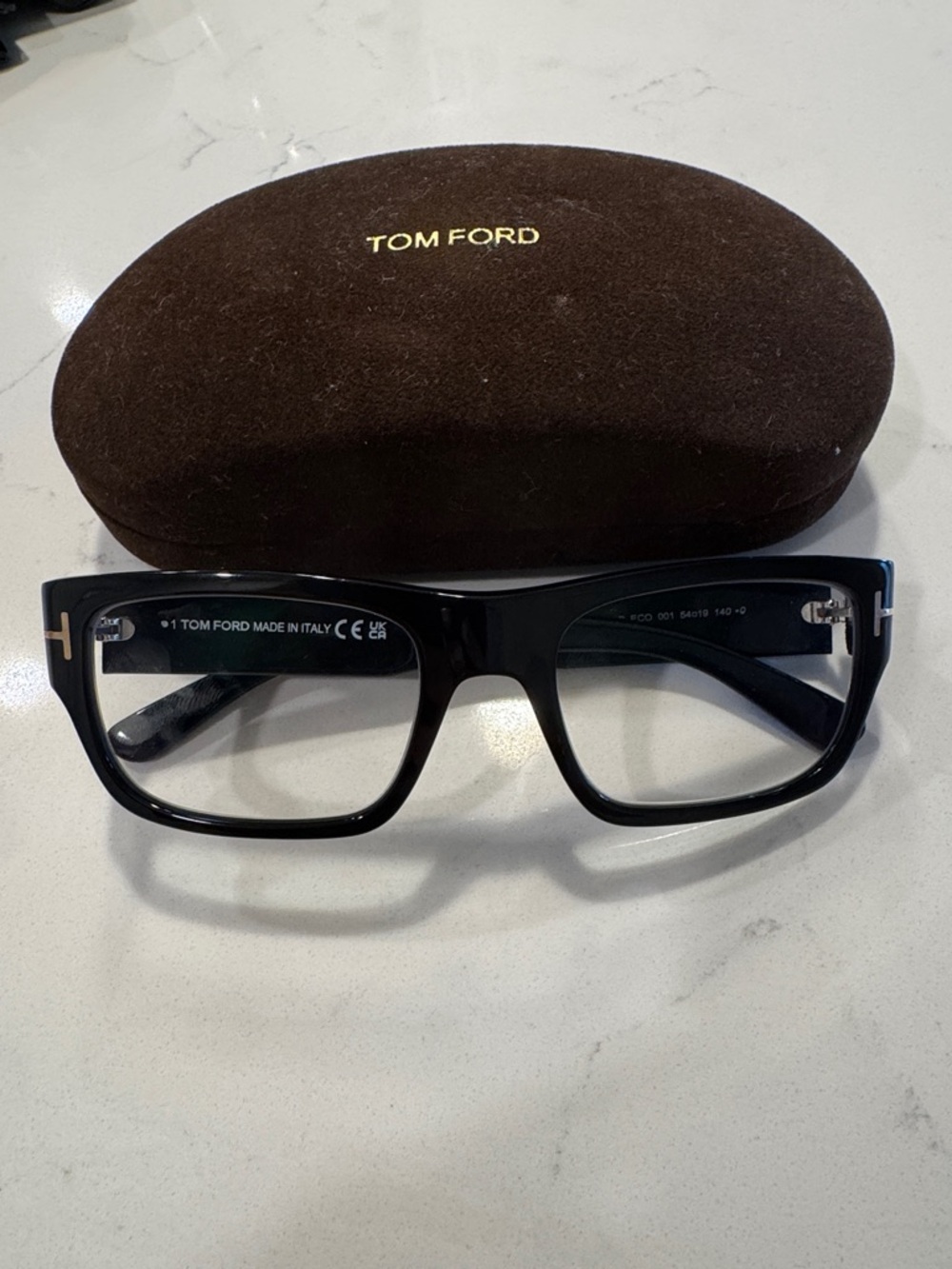 Tom Ford Black Gloss Rectangular Eyeglasses with Gold T Accents